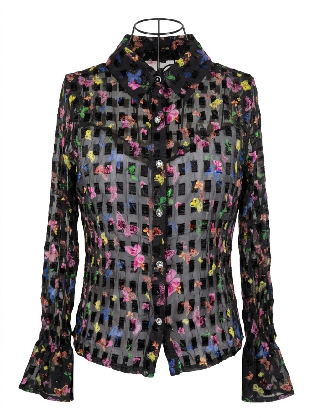 Vintage vintage Le Caviar sheer black butterfly crinkle blouse, Size S